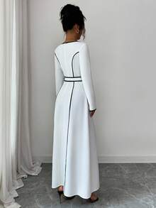 Elenzga Robe femme - Élégante robe maxi à col en V avec cœur en blocs de couleurs noir et blanc, manches longues et taille nouée, convient pour les déplacements quotidiens - Noir et Blanc - Voir 2