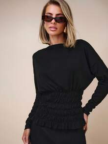 COSMINA Áo thun nữ tay dài cổ thuyền cánh dơi xếp ly thời trang màu trơn - màu đen - Xem 7