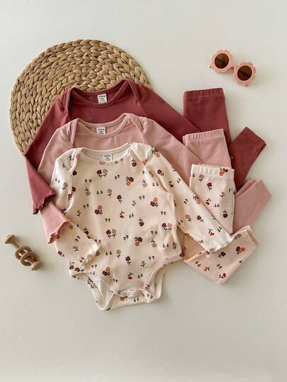 3pcs Newborn Baby Girl Cute Casual Ditsy Floral Elastic Knit Bodysuit
