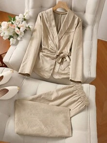 Elenzga 大码 3D 印花中式领长袖腰带褶饰西装外套 + 宽松直筒裤 2 件套，休闲装，通勤，约会，派对 - 杏色 - 查看 7