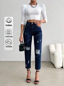 RueChic Women's Pockets Distressed Straight Leg Loose Casual Versatile Jeans - Dark Wash - View 1