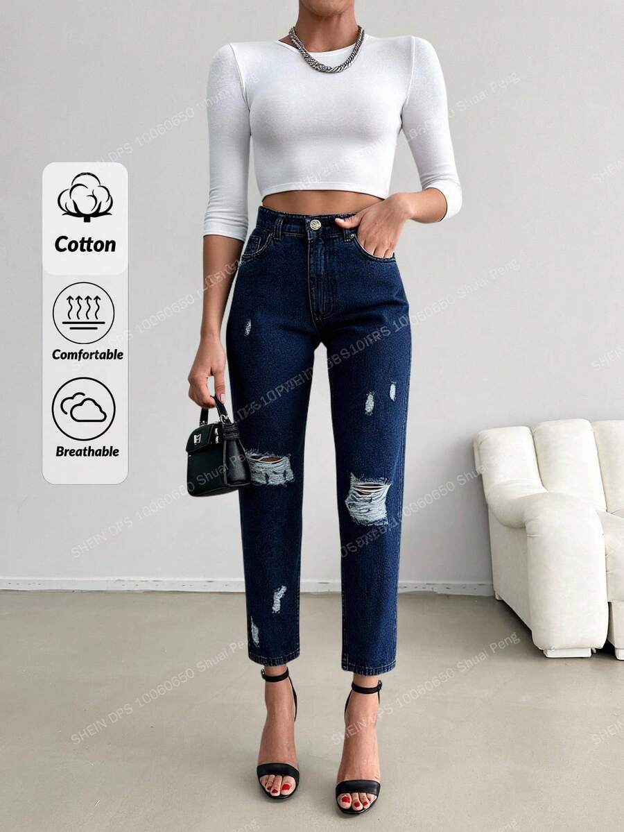 RueChic Women's Pockets Distressed Straight Leg Loose Casual Versatile Jeans - Dark Wash - View 1