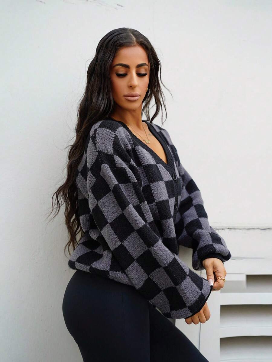 SAYEHFBABY Checkerboard Pattern Casual Cardigan Sweater For Women,Long Sleeve Tops,Fall Clothes - Black - View 1