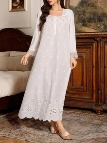 PalaceNights Women's Vintage Palace Style Square Collar 3D Floral Embroidery Lace Trim Long Nightgown, For Fall, Winter - White - View 4