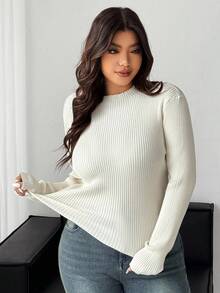 Dazy Plus Suéter de cuello alto elástico acanalado de unicolor, informal, para mujer de talla grande, otoño/invierno - Beis - Ver 4