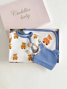 Newborn 3 Pieces Set:Knit Footed Jumpsuit,Bear Ear Hat,Blanket,Brown And White Polka Dot,Autumn,Cute,Baby Shower,Crew Neck Long Sleeve Loungewear - Multicolor - View 1