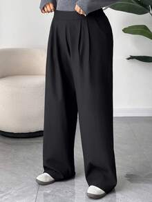 Dazy Plus Pantaloni lunghi casual e da lavoro, a gamba dritta, con vita regolabile a strappo, di colore unito - nero - Visualizzare 3