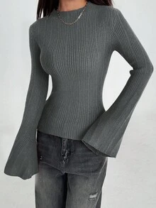 Flirla Áo len bó sát cổ đứng màu trơn có tay loe cho nữ - Xám - Xem 4