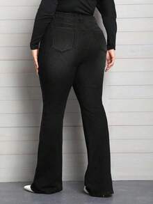 EMERY ROSE Plus Size Women Spring Elastic Waist Jeans, Multiple Button Design Skinny Flared Pants - Black - View 2
