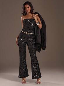 Glamine Women's Fashion Music Party Sequin Bandeau Jumpsuit - Black - View 1