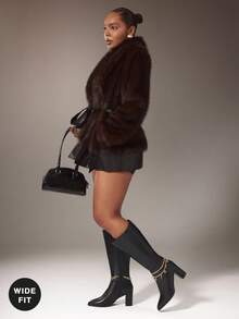 SHUZIA 宽筒女式魅力链条装饰尖头粗跟黑色及膝靴 - 适合曲线玲珑女孩的时尚靴子和别致的秋季造型 - 黑色 - 查看 3