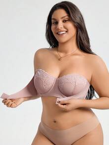 SHEIN 1 件大码蕾丝拼布钢圈文胸，提升型 - 杏色 - 查看 7
