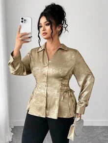 Elenzga 大码金箔领带袖口常规长袖女式衬衫，春秋 - 金色 - 查看 3