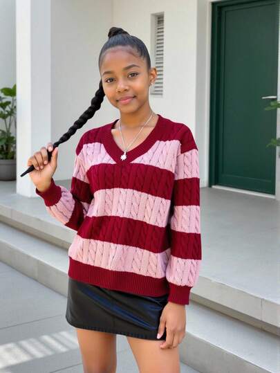 SHEIN Tween Girls Striped Color Block Cable Knit V-Neck Lantern Sleeve Oversized Pullover Sweater, Suitable For Autumn/Winter Outdoor Wear Teen Girls Uniform Girl Sweaters Teen Girl Knit Tween Girl Knit Sweater Wednesday Addams Girls Knitted Top Tween Girl Jumper