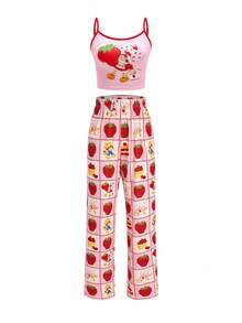 Strawberry Shortcake X SHEIN Fall And Winter Pink Cami Top & Pants Pajama Set, Sweet And Cute Style Strawberry Pattern Cherry Jam Custard The Cat Berry Bitty City Pupcake The Dog Berrykins The Sweet Sweet Berry Best Friends - Pink - View 3