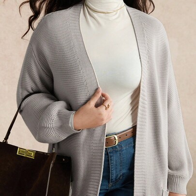 플러스플러스 사이즈 카키 포켓 디자인 긴소매 랜턴 가디건 스웨터, 우아하고 편안함