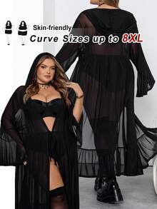SHEIN CURVE+ Plus Size Women Gothic Style Flare Sleeve Hooded Sheer Dress - Black - View 7