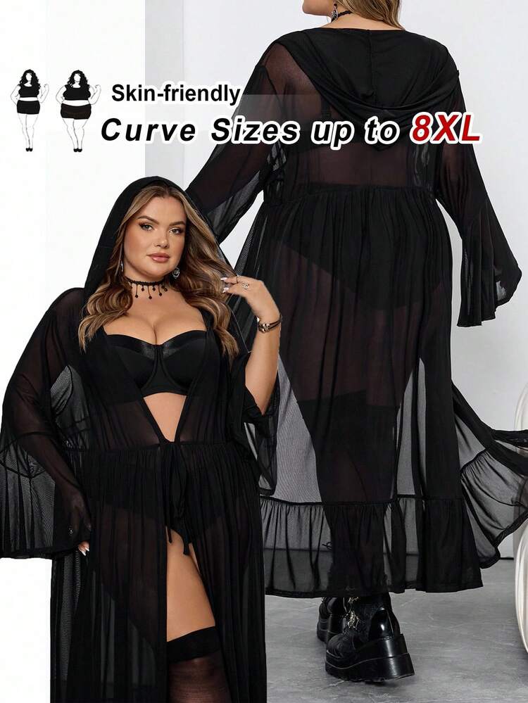 SHEIN CURVE+ Plus Size Women Gothic Style Flare Sleeve Hooded Sheer Dress - Black - View 7