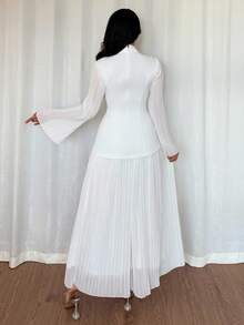 Rafferiza Bộ 2 món thanh lịch, áo sơ mi tay loe xếp ly màu trơn và chân váy midi cho nữ - trắng - Xem 2