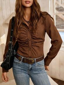 LanaWest Women's Fall Western Bohemian Brown Wave Textured Fabric Lapel V-Neck Long Sleeve Ruched Single-Breasted Shirt, Elegant Teacher, Suitable For Halloween, Autumn New Arrival Fashion Niche Design Versatile Regular Shirt - Brown - View 7