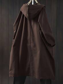 SHEIN LUNE Plus Size Casual Hooded Long Jacket With Large Pockets Fall - Rust Brown - View 2