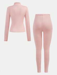 SHEIN Girlism 青少年女孩休闲瑜伽运动修身拉链领针织上衣和高腰紧身裤套装，返校装 - 淺粉色 - 查看 2