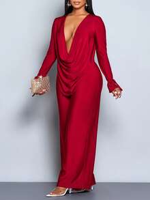 SOLERSUN 大码女装新款优雅深V领长袖上衣搭配阔腿裤两件套，褶皱派对裤套装，女士两件套，假日晚宴装，性感，舞会装，中国红，情人节，2026，新年 - 酒紅色 - 查看 3