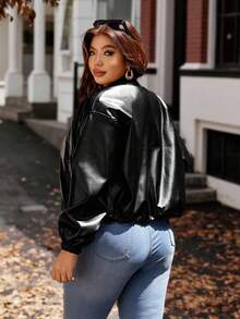 Vionelle Große Größen PU Leder Kurze Motorrad Jacke, Stehkragen Große Größen Lederjacke Große Größen Streetwear Große Größen Y2K Kleidung Große Größen Oberbekleidung XXL Damen Jacke - Schwarz - Übersicht 2