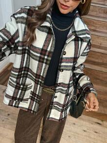 LanaWest Women's Retro Plaid Shirt Collar Patch Pocket Long Sleeve Loose Casual Fleece Jacket, Christmas - Multicolor - View 6