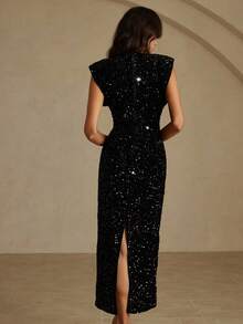 Aveloria Rosie 奢华天鹅绒亮片镂空金属扣腰部夸张肩部女士长款亮片派对连衣裙 - 黑色 - 查看 4