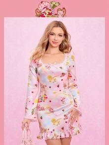 Strawberry Shortcake X SHEIN Vestido corto ajustado con cuello cuadrado, volantes en el bajo, encaje de contraste y estampado de arcoíris de dibujos animados con lazo para mujer - Rosa - Ver 6