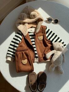 SHEIN 3 件套男童/女童秋冬可爱条纹羊毛连帽夹克，卡通图案拉链连帽夹克和裤子 3 件套运动服 - 彩色 - 查看 1