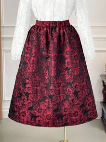 DreamSkyne 花卉纹理复古法式优雅 A 字裙，加大码 - 酒紅色 - 查看 4