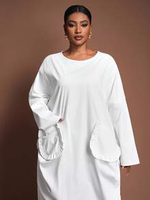 Slaydiva Đầm nữ mùa Thu/Đông mới về, kiểu dáng rộng rãi với túi xếp ly, xẻ tà hai bên, dây rút eo, cỡ lớn - Màu trắng - trắng - Xem 7