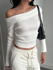 DAZY Women's Off Shoulder Tight-Fitting Turtleneck Sweater - White - View 5
