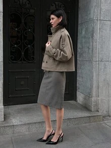 SHEIN Unity 女士秋冬复古风格宽松长袖夹克，优雅街头服饰 - 咖啡棕 - 查看 5