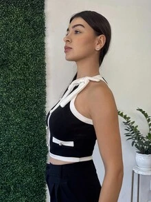 Andrea Bello Black And White Patchwork Sleeveless Women's Round Neck With Bow Button Decoration Date Night TopsTank Top - Black and White - View 4
