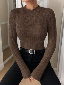 SHEIN Frenchy 立领罗纹针织纹理面料 T 恤 - 摩卡棕 - 查看 3