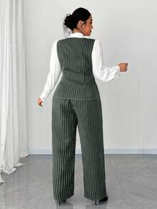 Elenzga 大码女式纽扣条纹拼布撞色衬衫和条纹裤优雅通勤两件套 - 軍綠色 - 查看 2