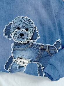 Sudadera casual cómoda y cálida con estampado de cachorro animal de dibujos animados, en degradado azul, para mujer. Adecuada para otoño/invierno