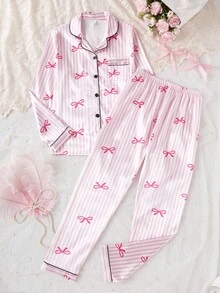 两件套少女优雅格子缎面开衫和裤子休闲舒适睡衣套装，带蝴蝶结 - 彩色 - 查看 3