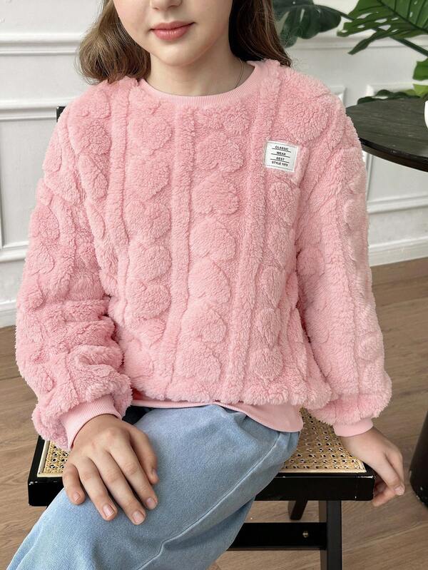 SHEIN Sudadera holgada de cuello redondo de forro polar con estampado de corazón reversible, de moda y versátil para niñas preadolescentes, adecuada para fines de semana, salidas casuales, vuelta al colegio, otoño/invierno