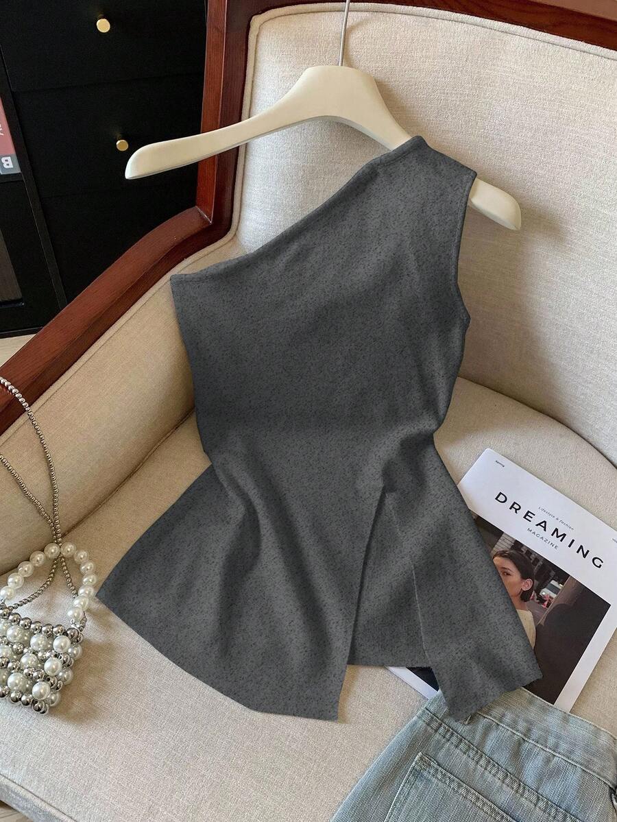 GlowEve 女士纯色无袖开衩下摆时尚上衣 - 深灰色 - 查看 1