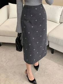 DAZY Women's Bow Print Backless Slit Elegant Skirt Fall Winter Women Skirts