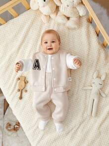 SHEIN Newborn Baby Boy/Girl Beige & White Color Block Baseball Jacket,Embroidery Patches,Soft Pants,Cute Graphic,Family Matching,Autumn Casual Outfits Set - Apricot - View 5