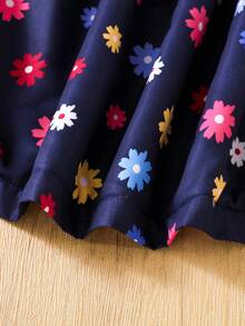 SHEIN Young Girls Floral Lined Hooded Double-Breasted Fashion Navy Blue Jacket, Suitable For Casual Daily Wear - Navy Blue - View 7