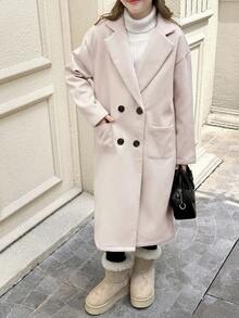 SHEIN Tween Girls Lapel Neck Drop Shoulder Double Breasted Dual Pocket Overcoat, Late Fall Casual Double Button, Pocket Drop Shoulder Lapel Regular Fit Beige Plain Overcoats, Casual Daily Wear Girl Coat Tween Dress Coat Fall Coat For Tween Girls Girl Winter Clothes - Apricot - View 8