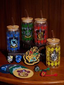 HARRY POTTER X SHEIN Plaid House Design Glass Straw Cup (Straw Cleaning Included), For Cold Or Hot Drinks, Coffee, Milk, Juice Cup,Back To School - Clear - View 9