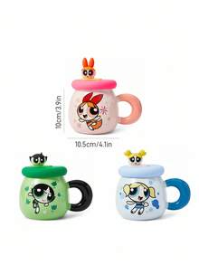 THE POWERPUFF GIRLS X SHEIN 1 件 500ml/17.6oz 卡通图案大容量陶瓷杯，带硅胶盖（不含吸管），可微波炉加热和洗碗机清洗，适用于牛奶、咖啡、果汁等。花朵/毛茛/泡泡 - 彩色 - 查看 3