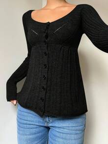 SHEIN EZwear Women's Regular Black Round Neck Front Button Long Sleeve Cardigan, Autumn/Winter,Fall,Cozy Fall And Winter Clothes For Women - Black - View 5